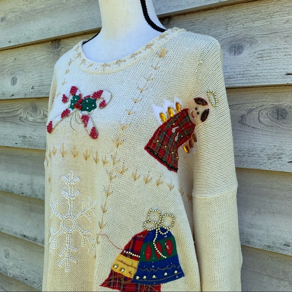 Vintage 90s White Patchwork Appliqué Long Sleeve Crewneck Ugly Christmas Sweater - Picture 5 of 16